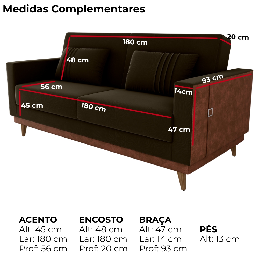 Sofa Cama 2 Lugares 203 cm Veludo Maserati Marrom Corino Whisk Milani Store