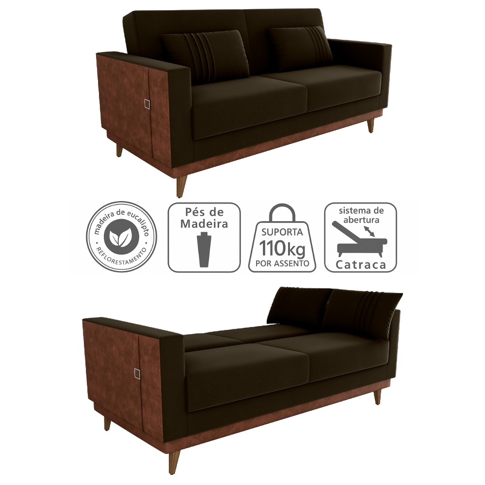 Sofa Cama 2 Lugares 203 cm Veludo Maserati Marrom Corino Whisk Milani Store