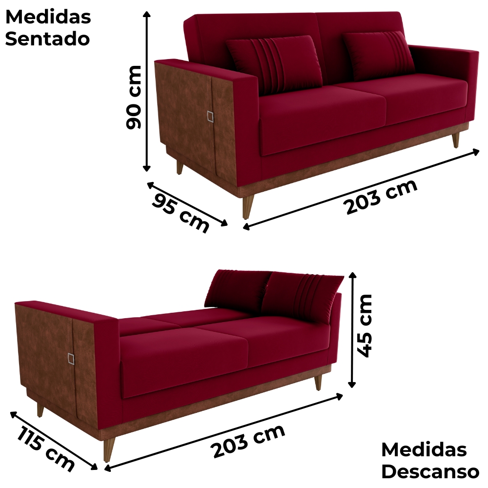 Sofa Cama 2 Lugares 203 cm Veludo Maserati Vermelho Corino Whisk Milani Store