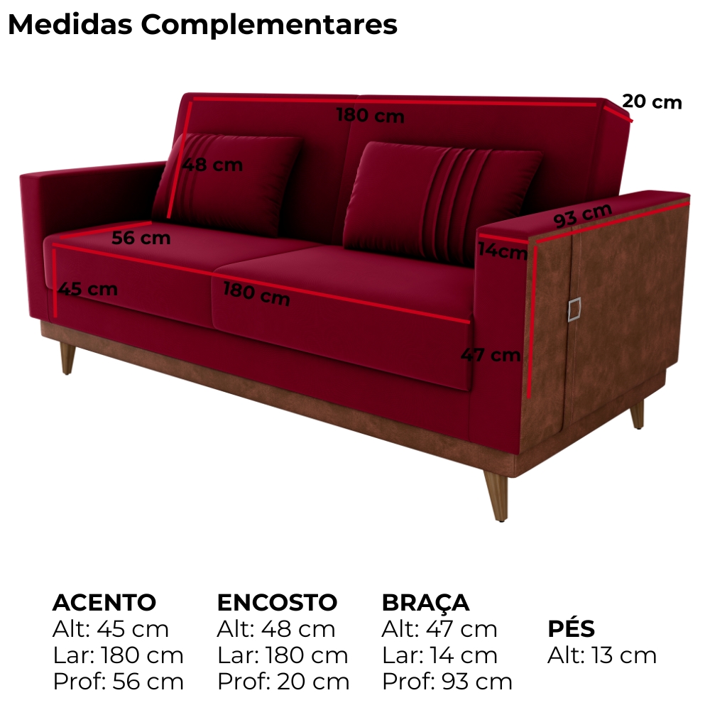 Sofa Cama 2 Lugares 203 cm Veludo Maserati Vermelho Corino Whisk Milani Store