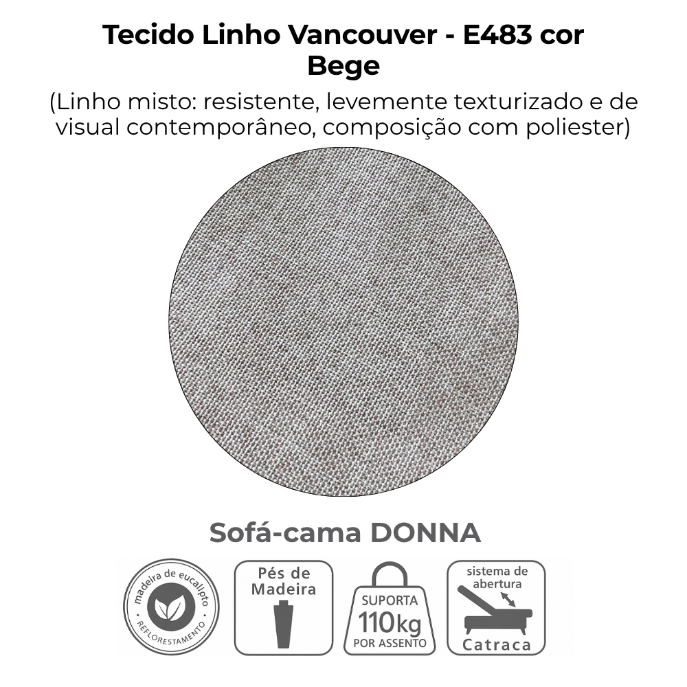 Sofa Cama 2 Lugares 206 cm Donna Linho Vancouver E483 Bege Milani Store