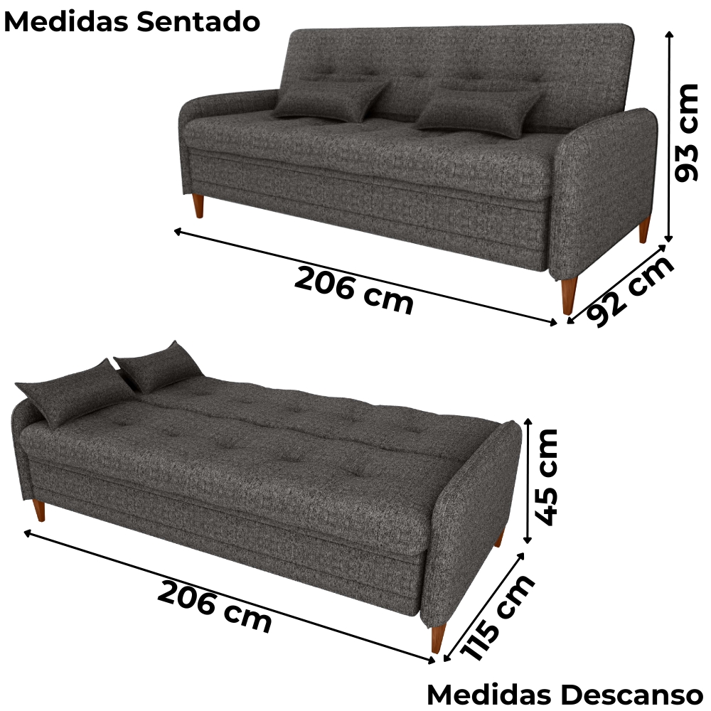 Sofa Cama 2 Lugares 206 cm Donna Linho Vancouver E484 Chumbo Milani Store