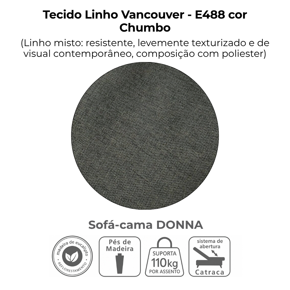 Sofa Cama 2 Lugares 206 cm Donna Linho Vancouver E484 Chumbo Milani Store
