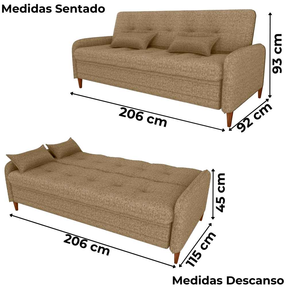 Sofa Cama 2 Lugares 206 cm Donna Linho Vancouver E486 Palha Milani Store