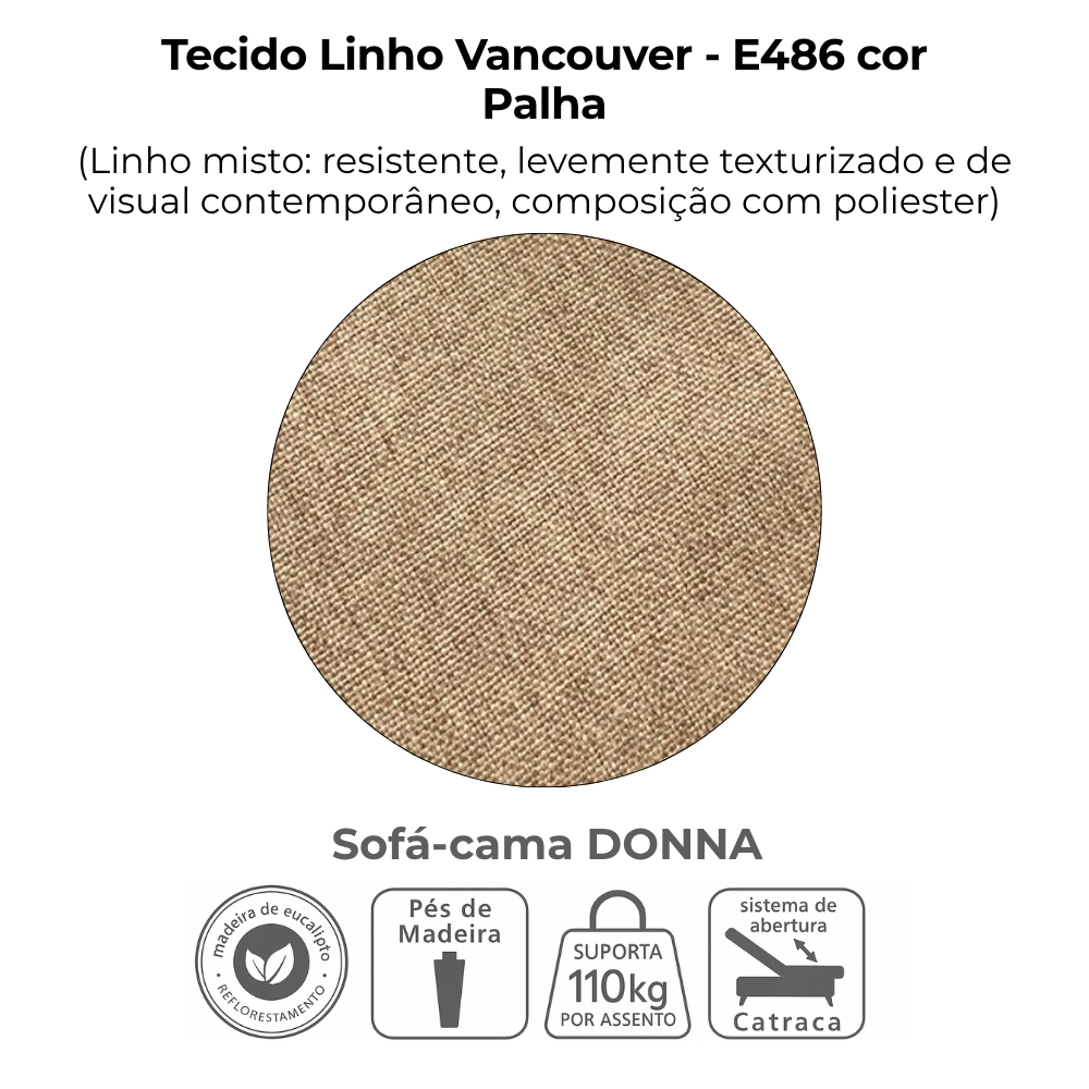 Sofa Cama 2 Lugares 206 cm Donna Linho Vancouver E486 Palha Milani Store