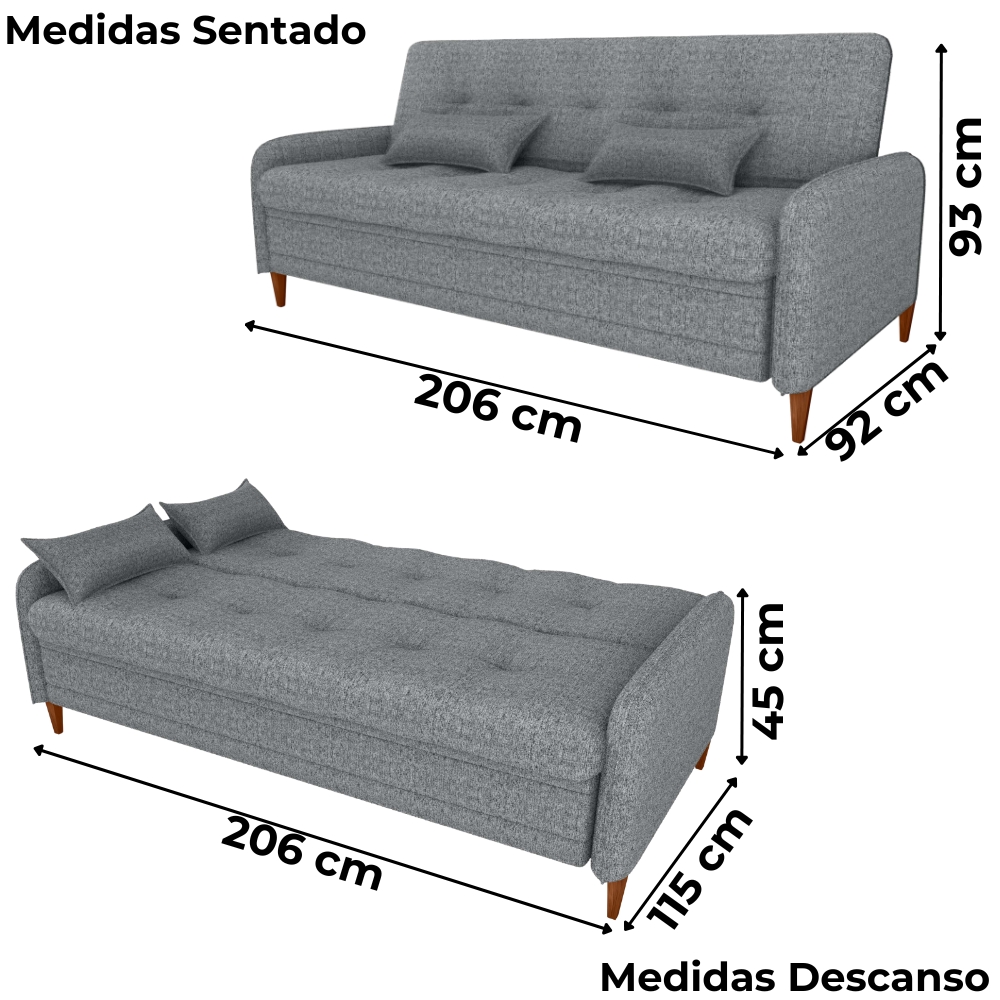 Sofa Cama 2 Lugares 206 cm Donna Linho Vancouver E487 Cinza Milani Store