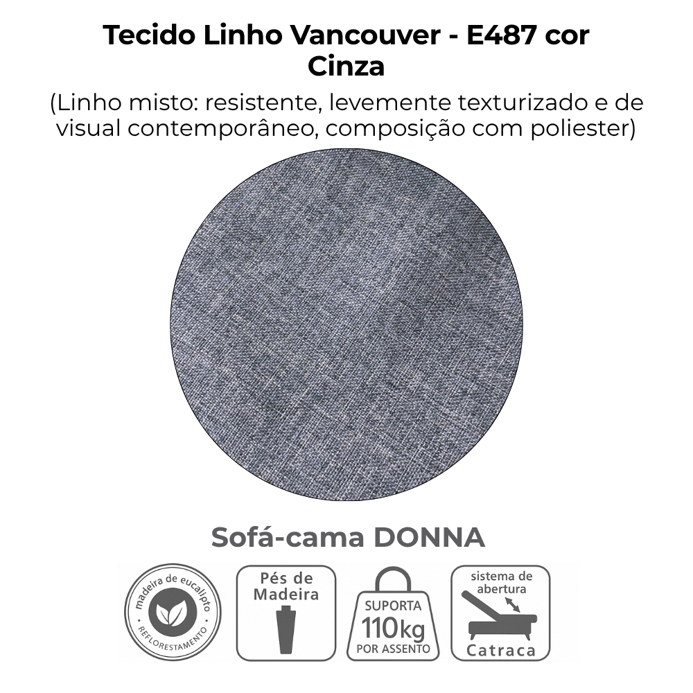 Sofa Cama 2 Lugares 206 cm Donna Linho Vancouver E487 Cinza Milani Store