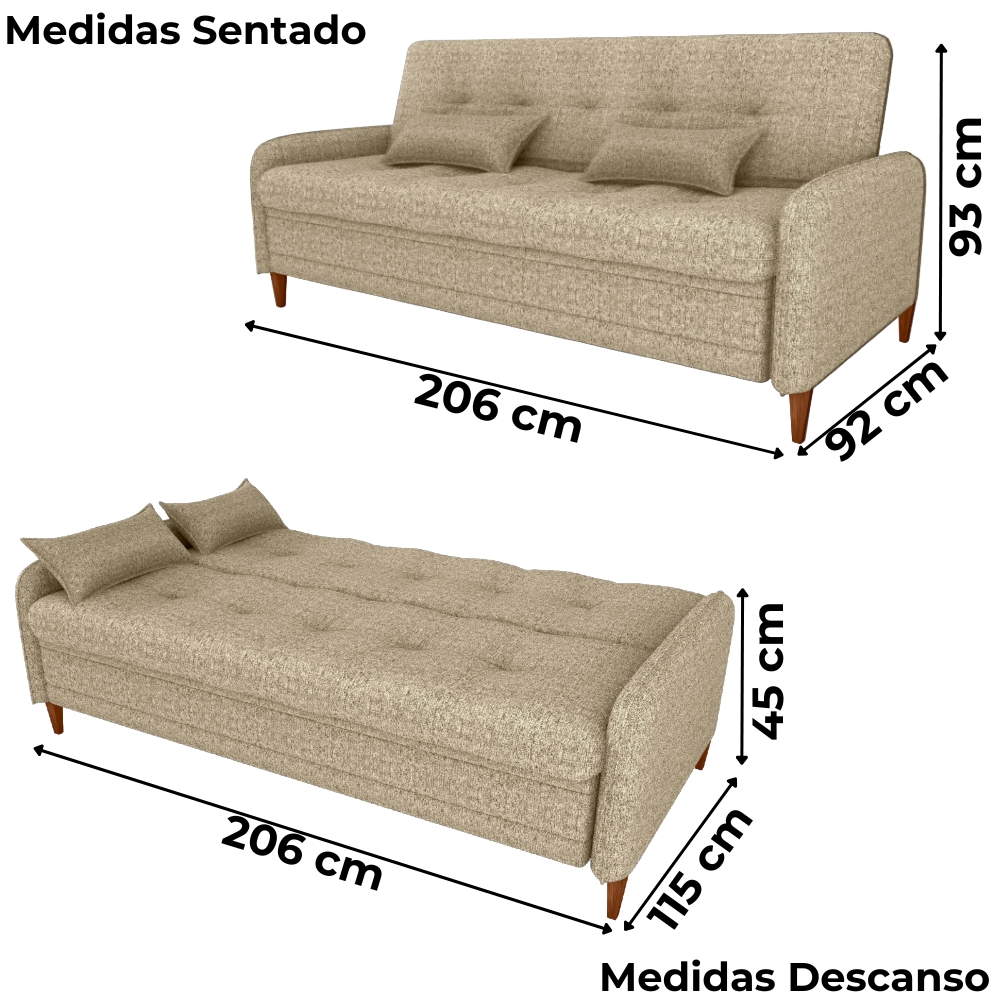 Sofa Cama 2 Lugares 206 cm Donna Linho Vancouver E488 Palha Milani Store