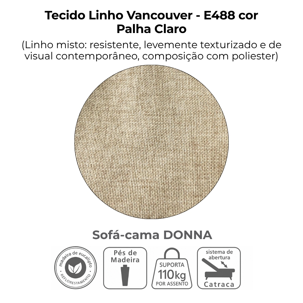 Sofa Cama 2 Lugares 206 cm Donna Linho Vancouver E488 Palha Milani Store