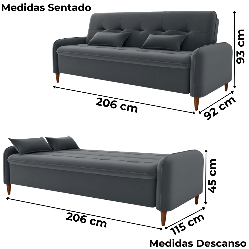 Sofa Cama 2 Lugares 206cm Donna Veludo E425 Cinza Milani Store
