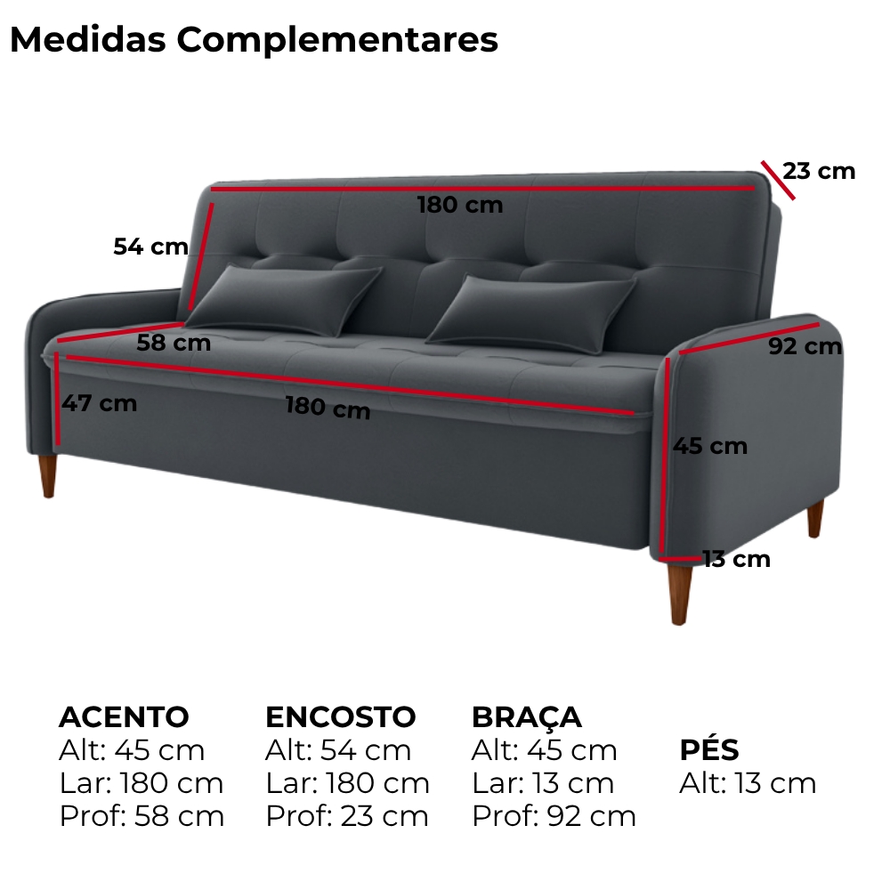 Sofa Cama 2 Lugares 206cm Donna Veludo E425 Cinza Milani Store