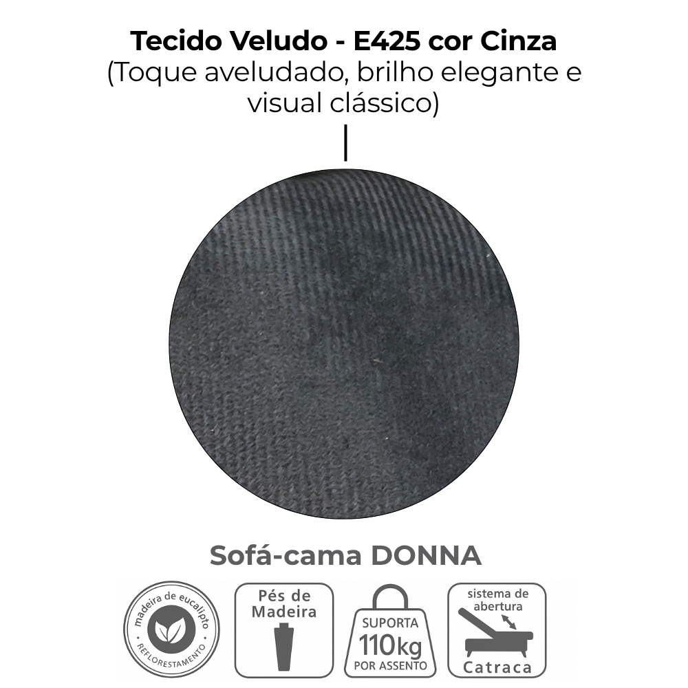 Sofa Cama 2 Lugares 206cm Donna Veludo E425 Cinza Milani Store