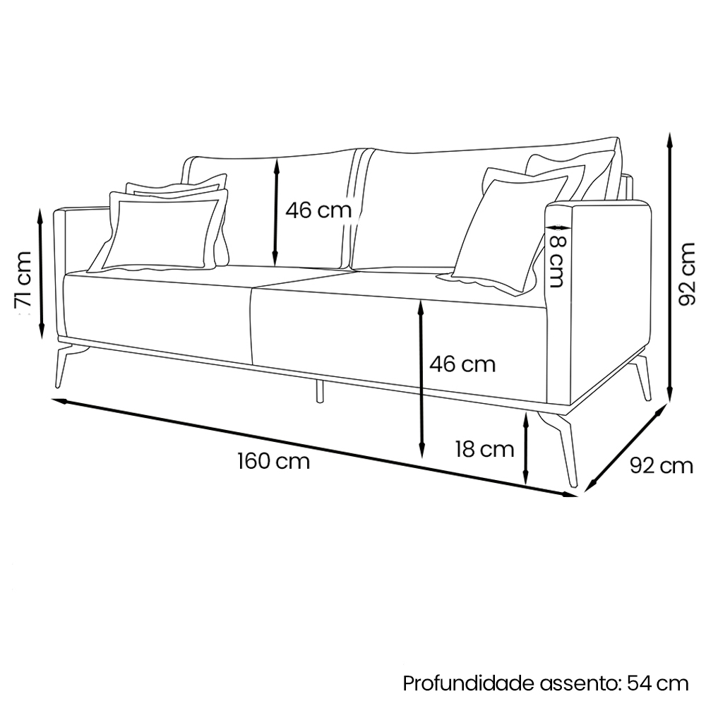 Sofa Liv 2 Lugares 160cm Pes Aço Linho 231 Grigio Ezz