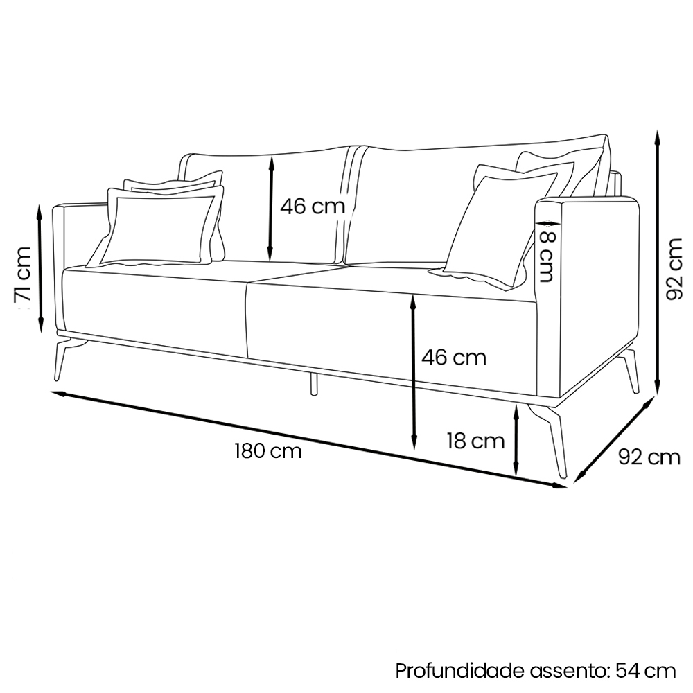 Sofa Liv 2 Lugares 180cm Pes Aço Linho 232 Grigio Ezz