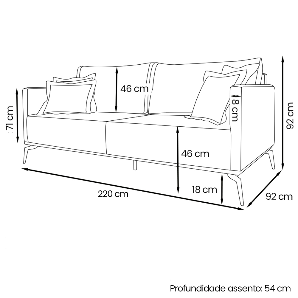 Sofa Liv 3 Lugares 220cm Pes Aço Linho 234 Areia Ezz