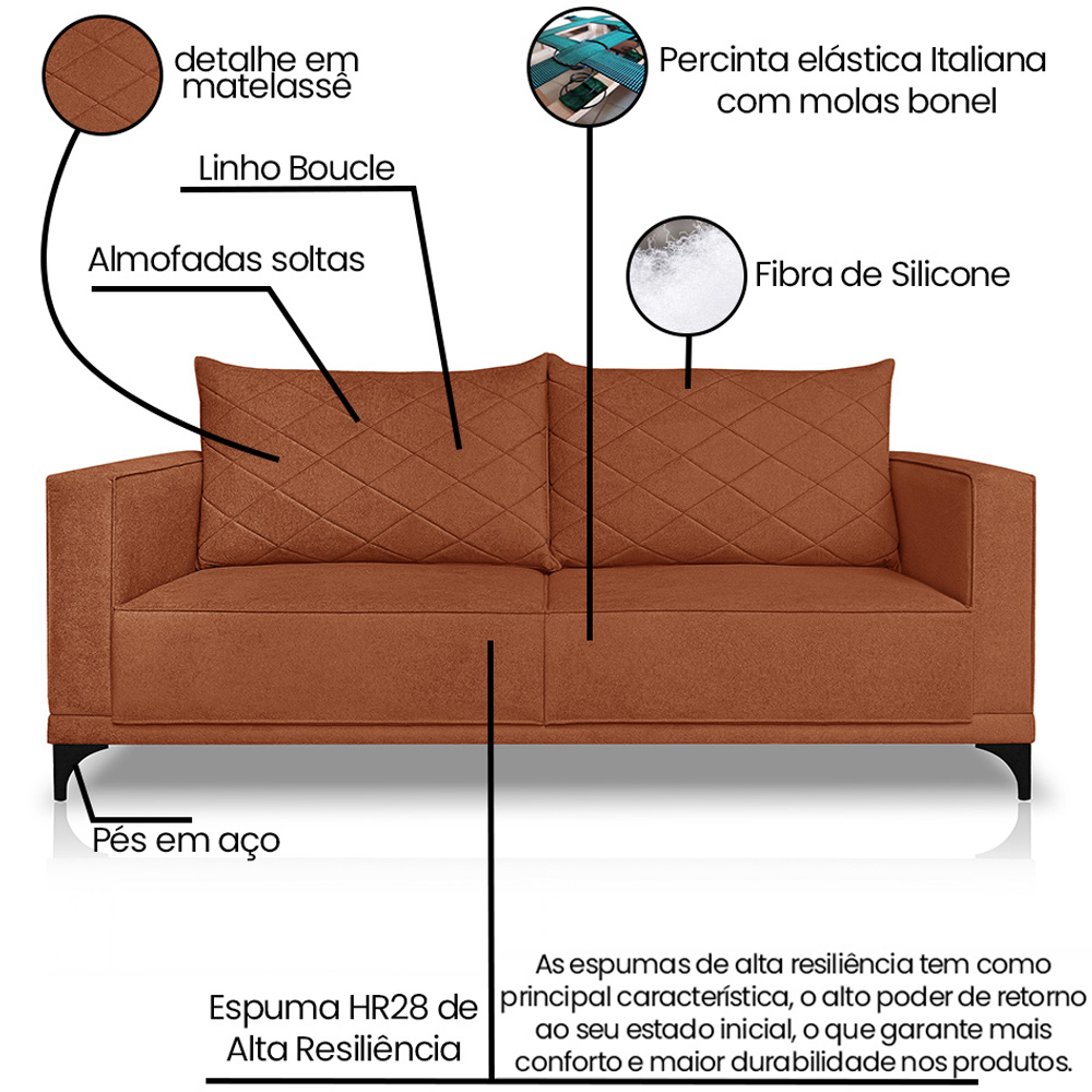 Sofa Nori 2 Lugares Pes De Ferro 180cm Linho Boucle 3303 Ezz
