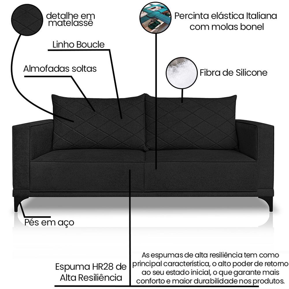 Sofa Nori 2 Lugares Pes De Ferro 180cm Linho Boucle 3304 Ezz