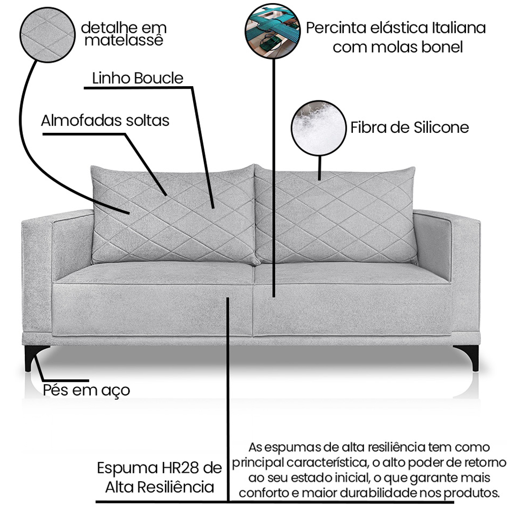 Sofa Nori 3 Lugares Pes De Ferro 220cm Linho Boucle 3302 Ezz
