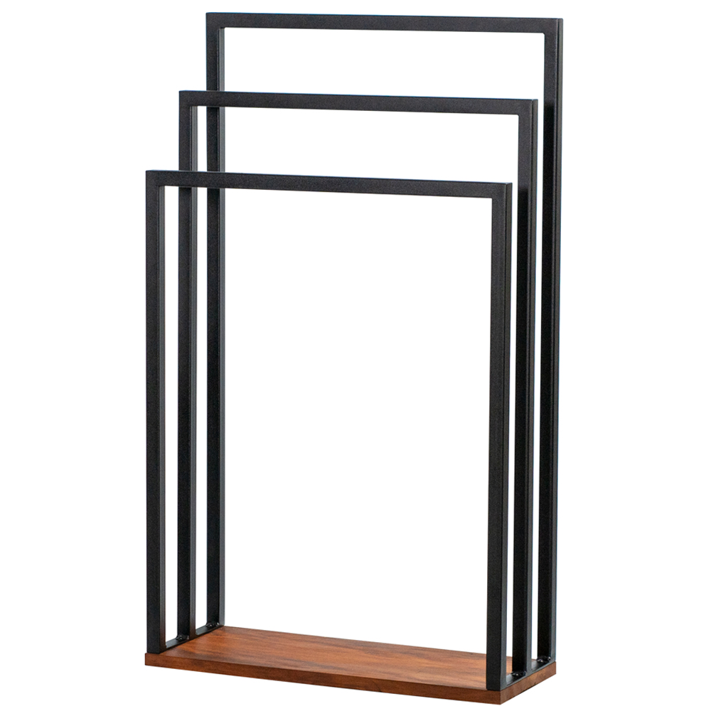 Toalheiro De Piso Triplo Lovell Metal Base em Madeira Peroba Preto DHom