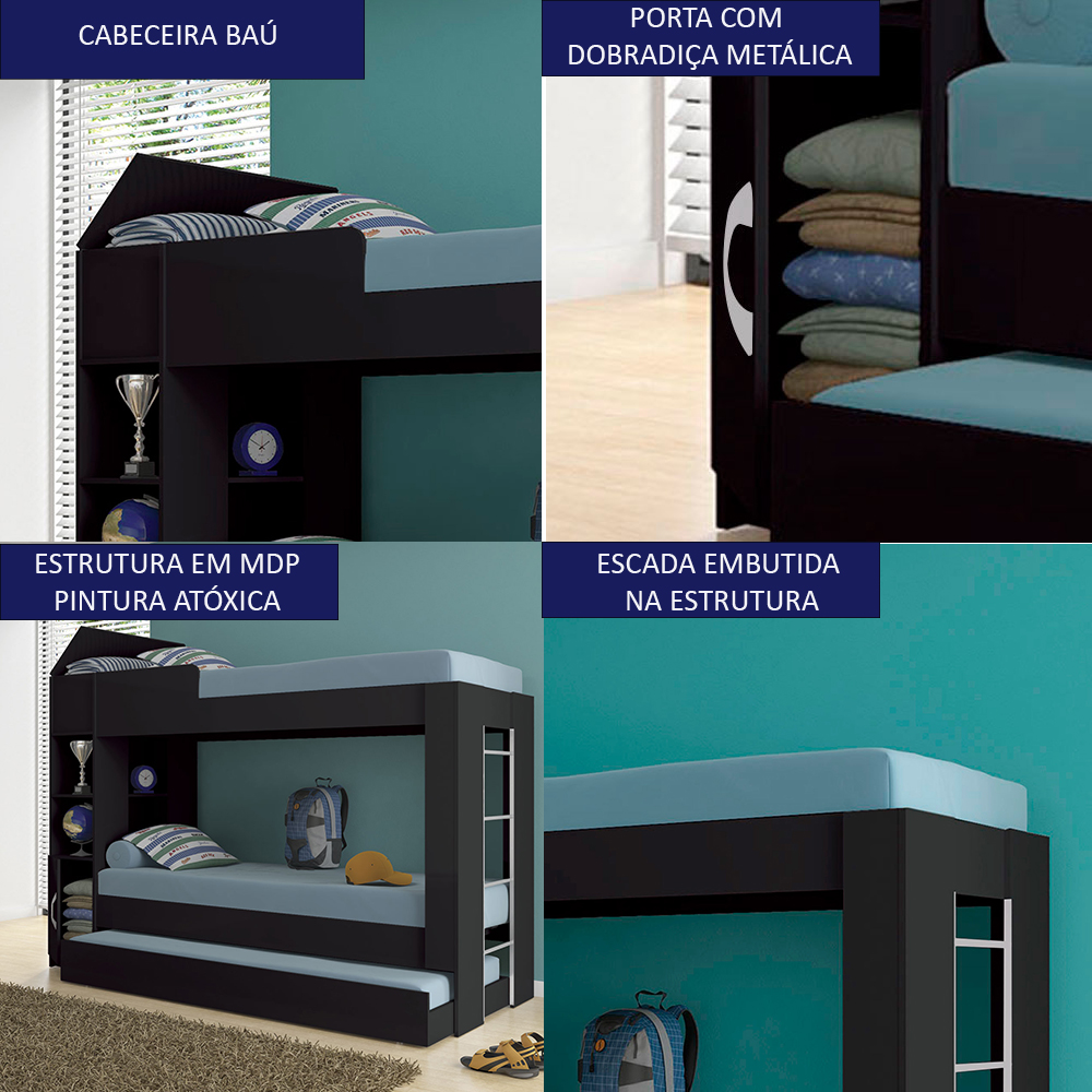 Treliche Solteiro Cabeceira Bau 1 Porta 225x87 CM15 Preto Dtall