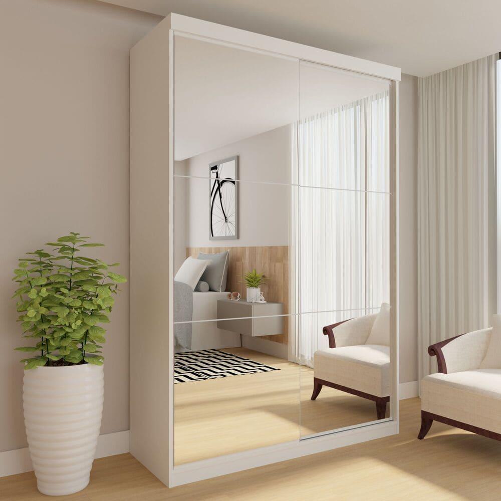 Guarda Roupa 2 Portas de Correr Todo Espelhos 2 Salvador Gavetas Minastex Branco
