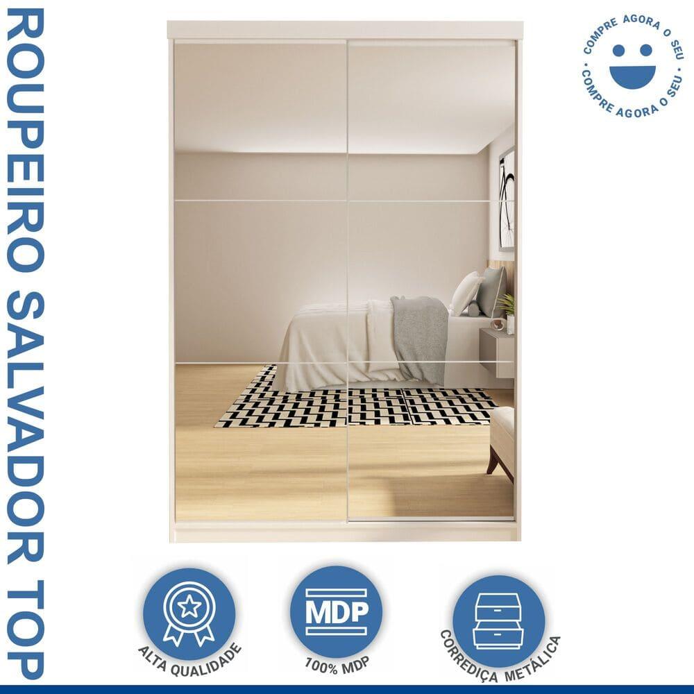Guarda Roupa 2 Portas de Correr Todo Espelhos 2 Salvador Gavetas Minastex Branco