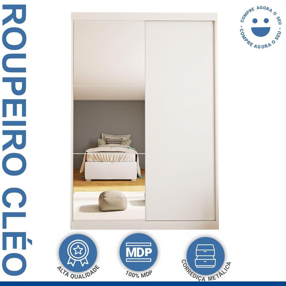 Guarda Roupa 2 Portas de Correr com Espelho 2 Gavetas Cléo Minastex Branco