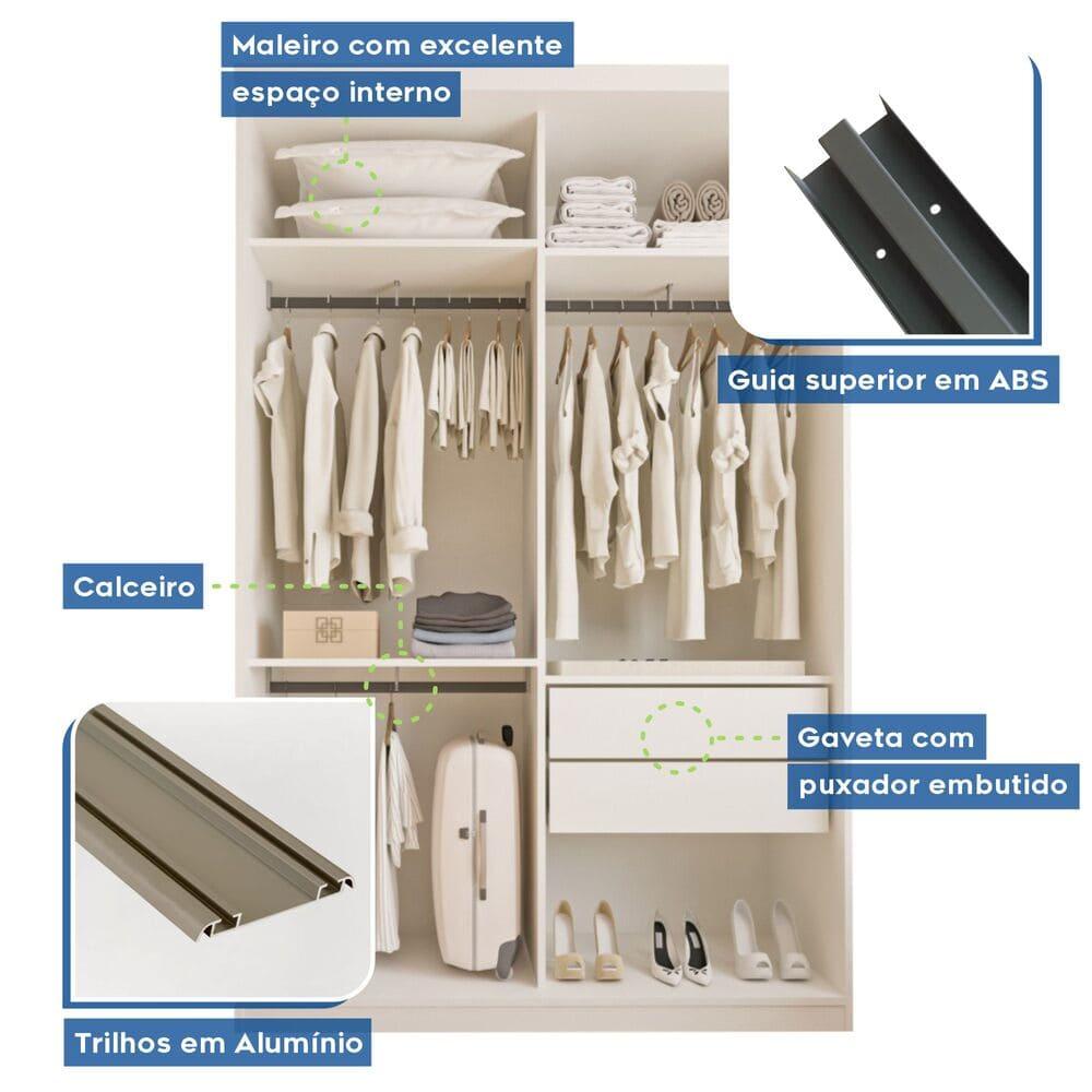 Guarda Roupa 2 Portas de Correr com Espelho 2 Gavetas Cléo Minastex Branco