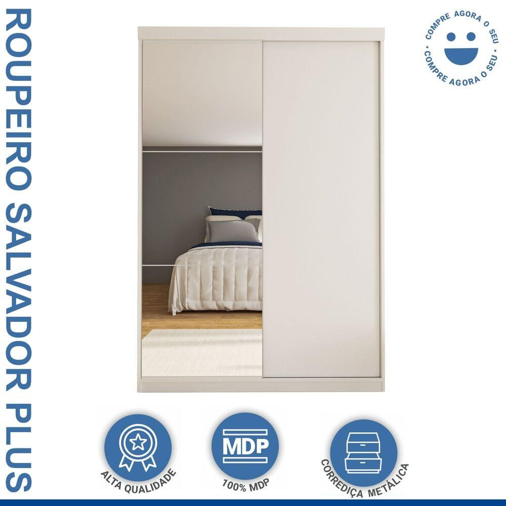 Guarda Roupa 2 Portas de Correr com Espelho 2 Gavetas Salvador Minastex Branco