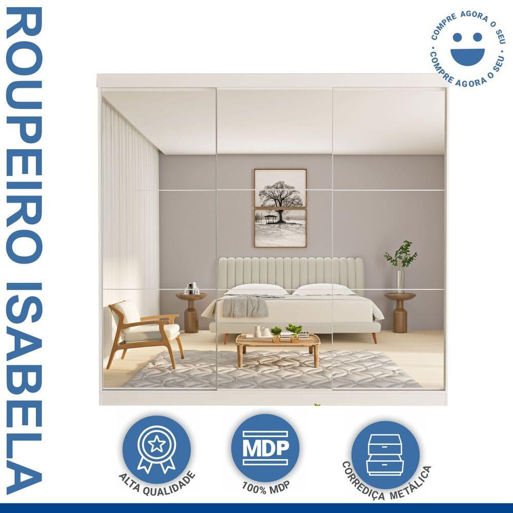 Guarda Roupa 3 Portas de Correr Todo Espelhado 4 Gavetas Isabela Minastex Branco