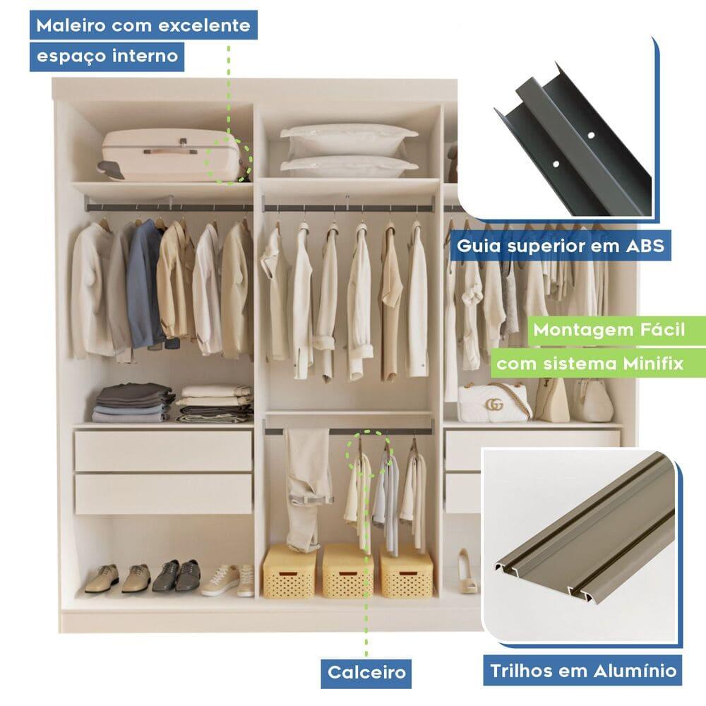 Guarda Roupa 3 Portas de Correr Todo Espelhado 4 Gavetas Isabela Minastex Branco
