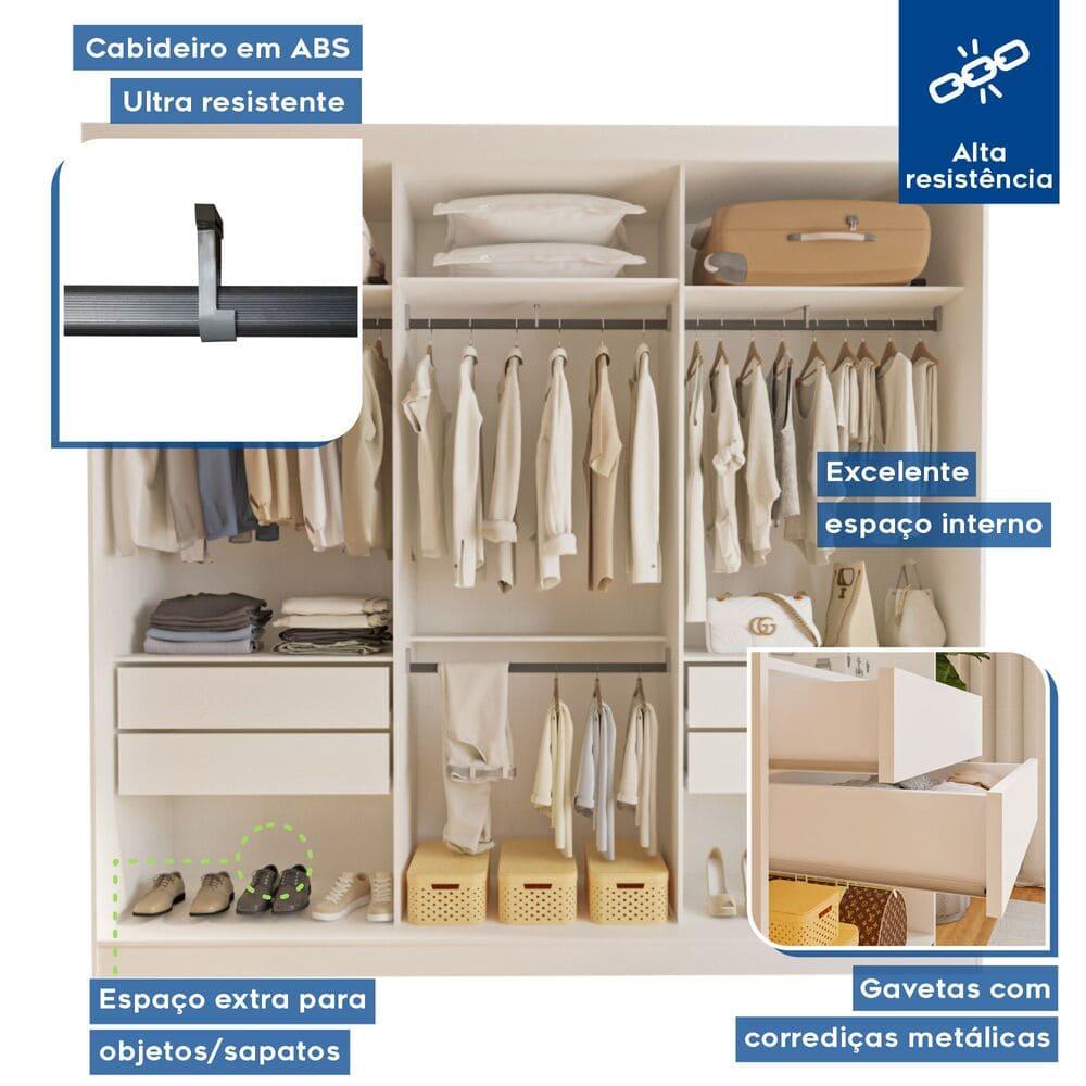 Guarda Roupa 3 Portas de Correr Todo Espelhado 4 Gavetas Isabela Minastex Branco