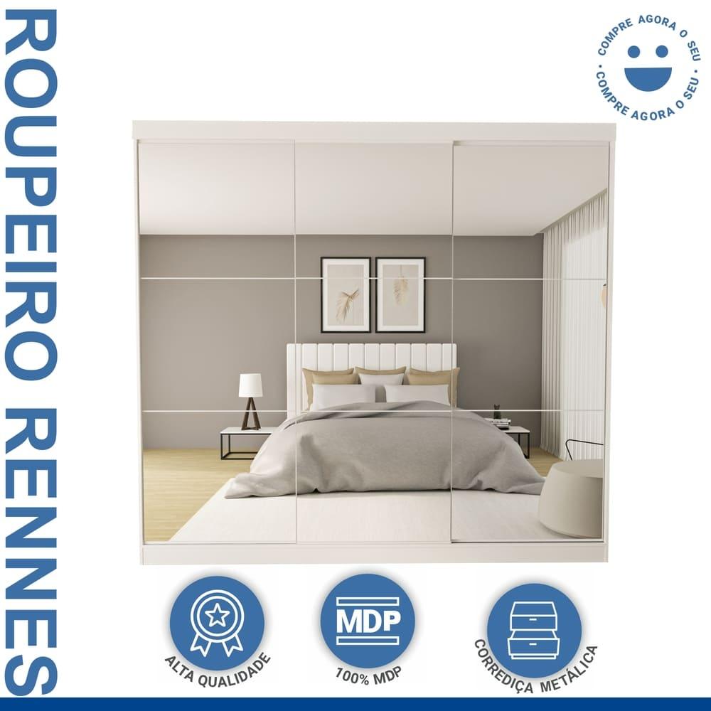 Guarda Roupa 3 Portas de Correr Todo Espelhado 4 Gavetas Rennes Minastex Branco