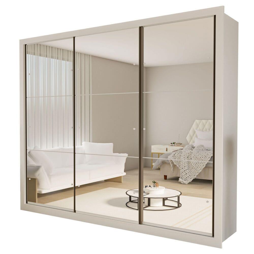 Guarda Roupa 3 Portas de Correr Todo Espelhado 6 Gavetas Ravena Minastex Branco