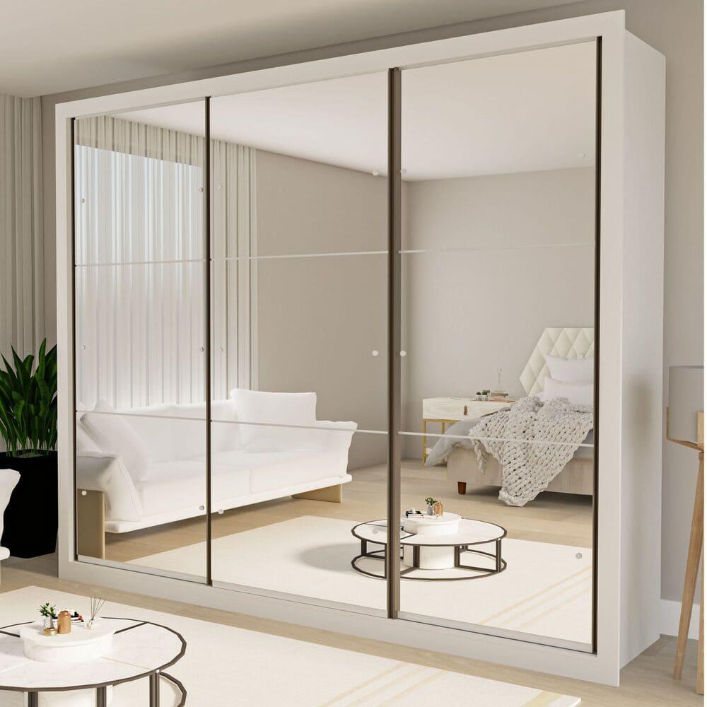 Guarda Roupa 3 Portas de Correr Todo Espelhado 6 Gavetas Ravena Minastex Branco