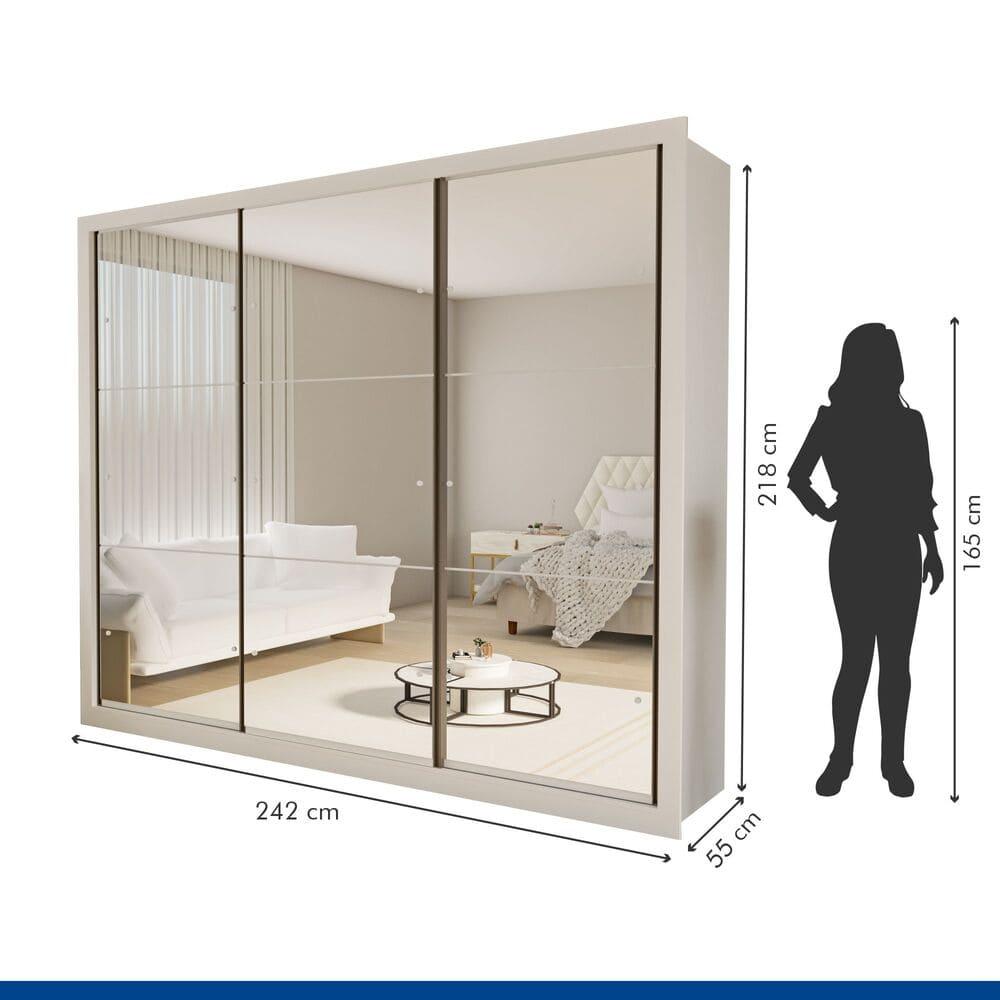 Guarda Roupa 3 Portas de Correr Todo Espelhado 6 Gavetas Ravena Minastex Branco