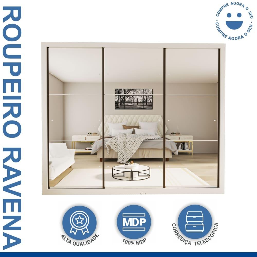Guarda Roupa 3 Portas de Correr Todo Espelhado 6 Gavetas Ravena Minastex Branco