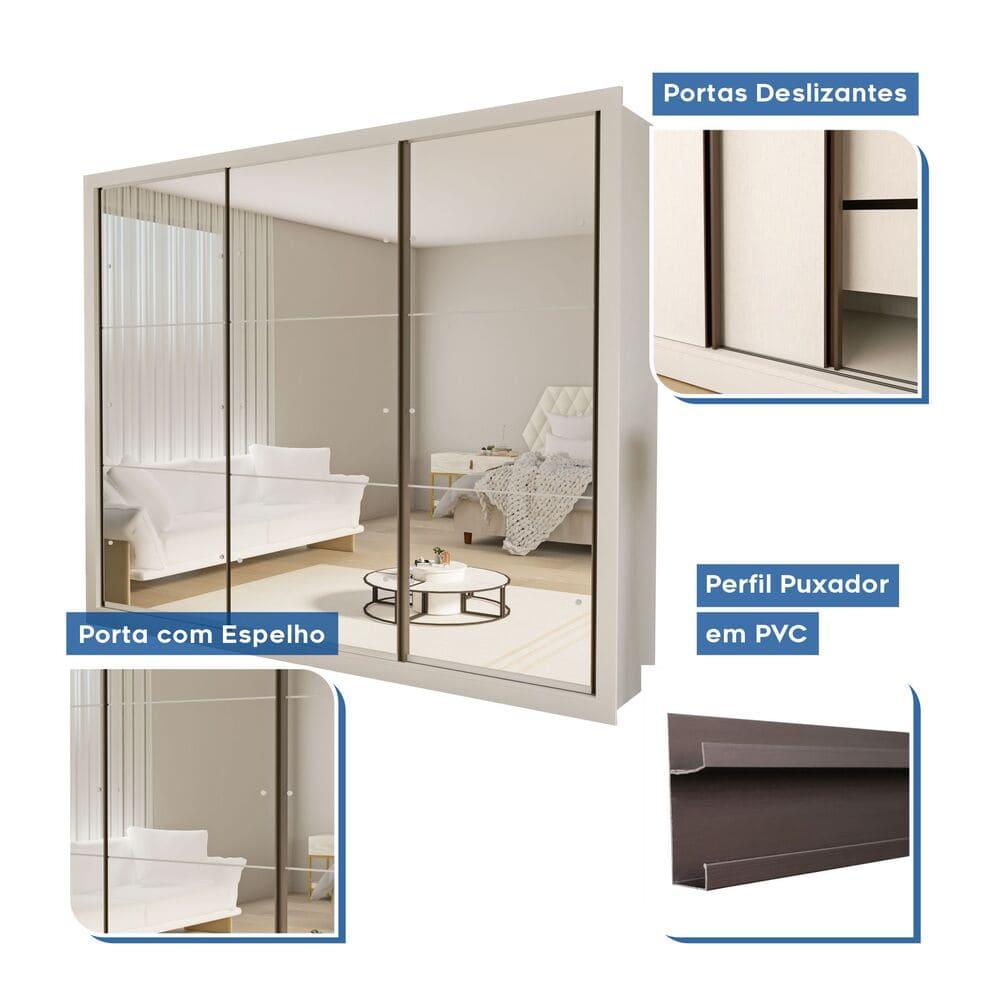 Guarda Roupa 3 Portas de Correr Todo Espelhado 6 Gavetas Ravena Minastex Branco