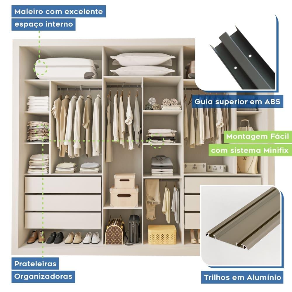 Guarda Roupa 3 Portas de Correr Todo Espelhado 6 Gavetas Ravena Minastex Branco