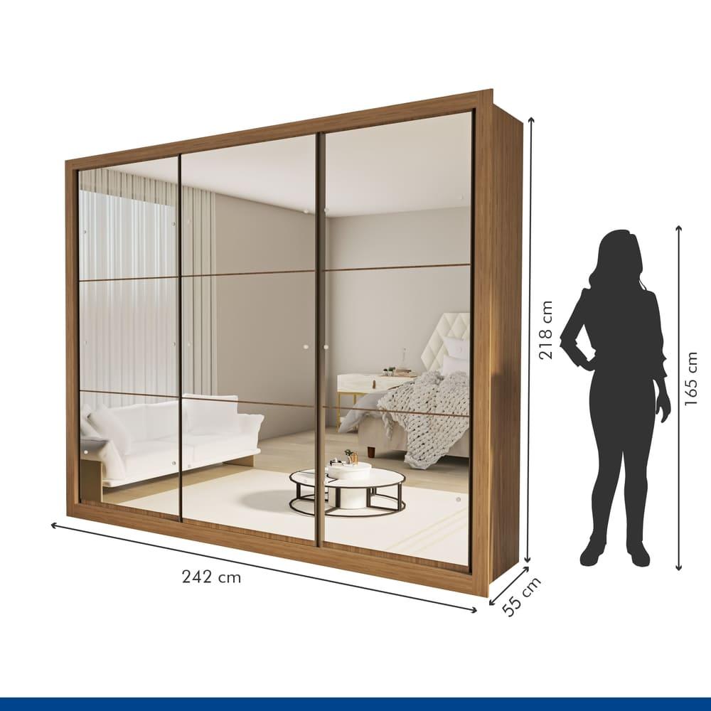 Guarda Roupa 3 Portas de Correr Todo Espelhado 6 Gavetas Ravena Minastex Carvalho