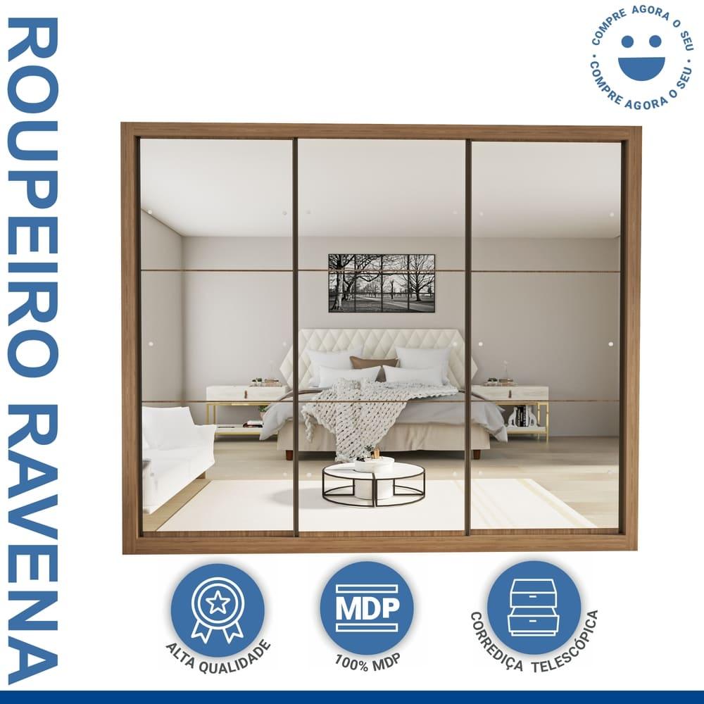 Guarda Roupa 3 Portas de Correr Todo Espelhado 6 Gavetas Ravena Minastex Carvalho