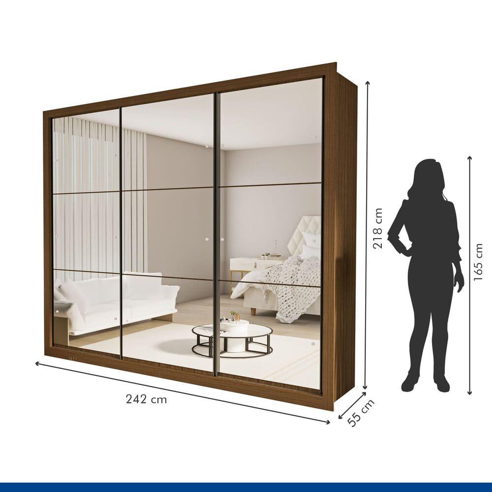 Guarda Roupa 3 Portas de Correr Todo Espelhado 6 Gavetas Ravena Minastex Freijó