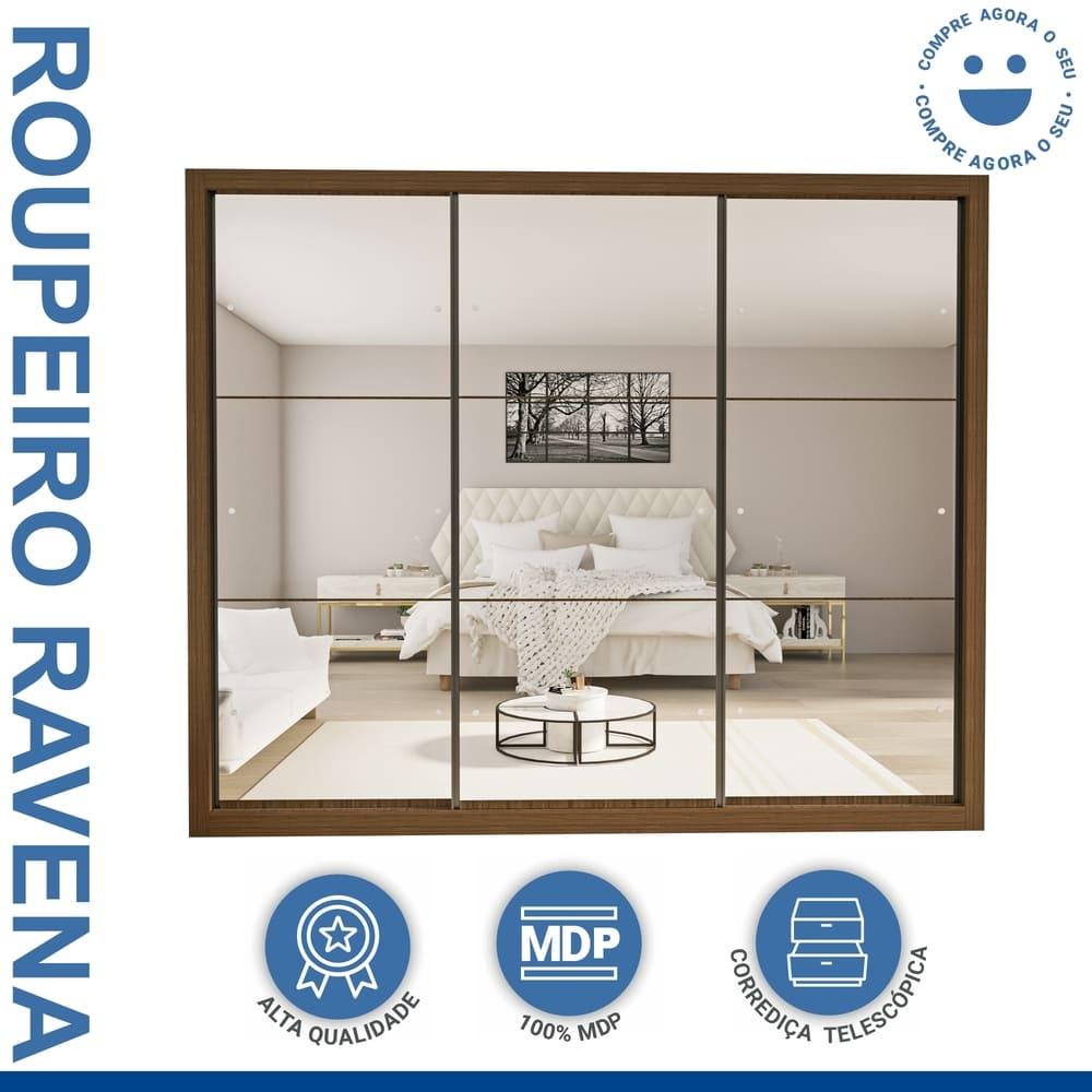 Guarda Roupa 3 Portas de Correr Todo Espelhado 6 Gavetas Ravena Minastex Freijó