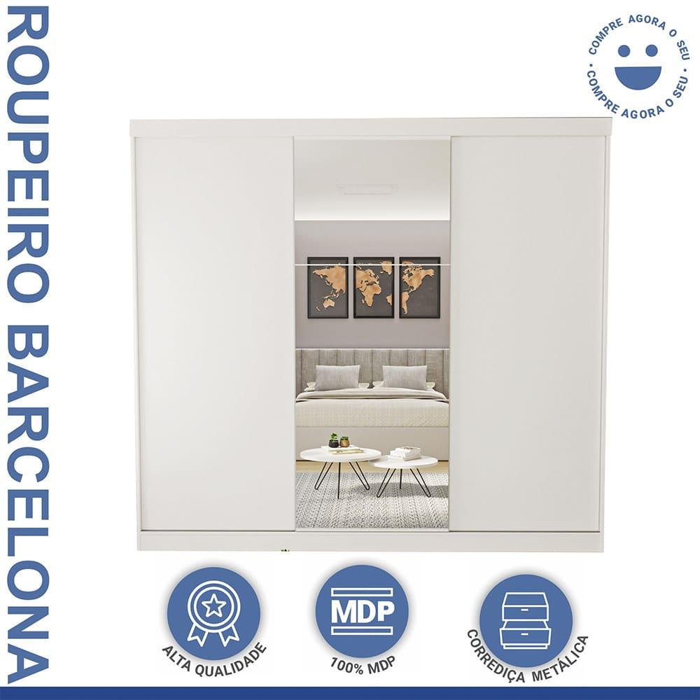 Guarda Roupa 3 Portas de Correr com Espelho Central 4 Gavetas Barcelona Minastex Branco
