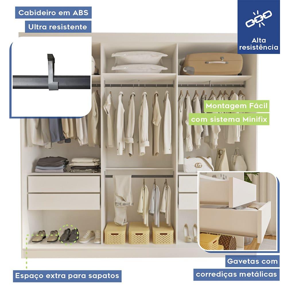 Guarda Roupa 3 Portas de Correr com Espelho Central 4 Gavetas Barcelona Minastex Branco