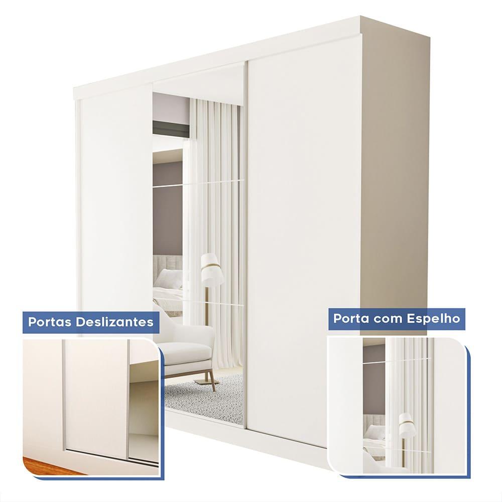 Guarda Roupa 3 Portas de Correr com Espelho Central 4 Gavetas Barcelona Minastex Branco