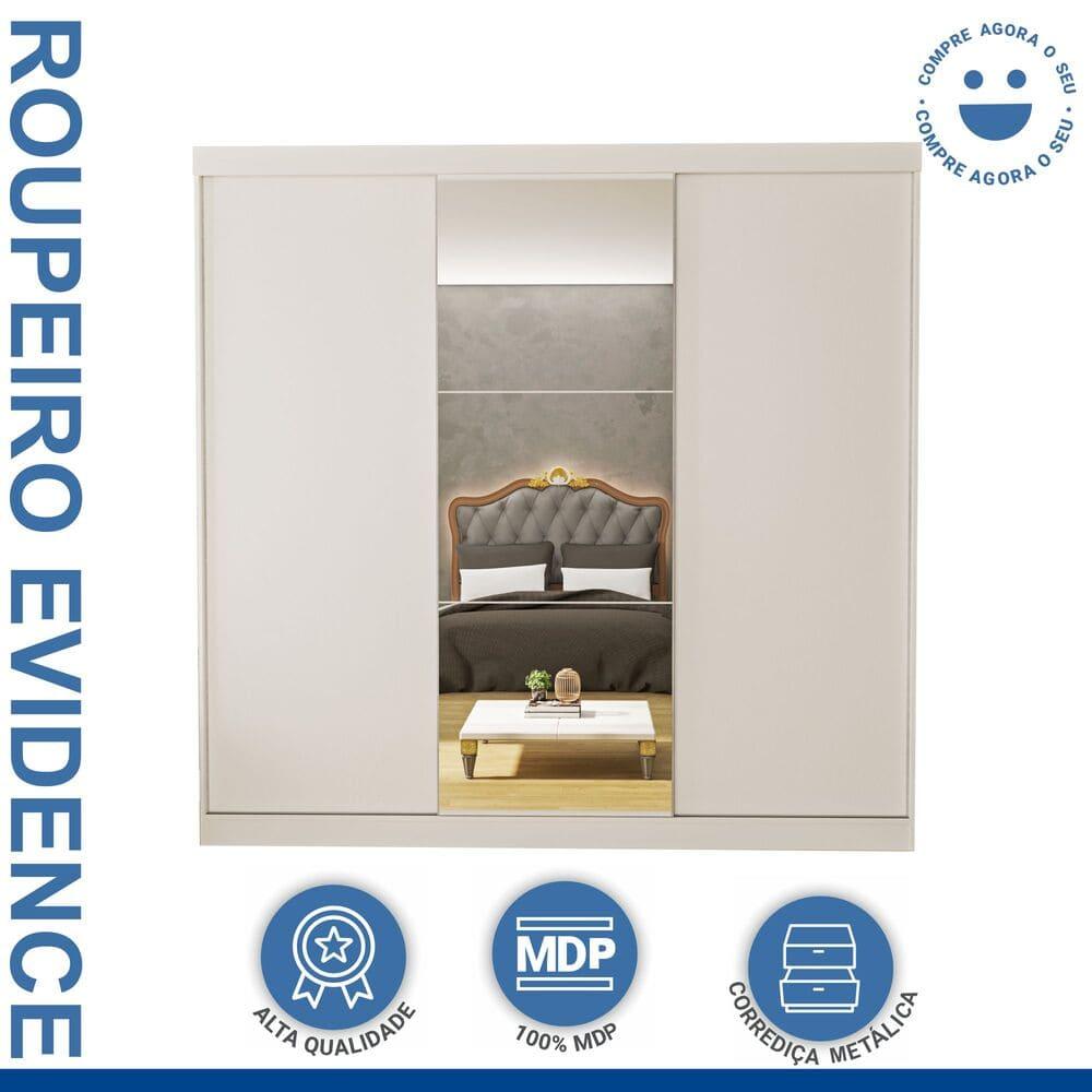 Guarda Roupa 3 Portas de Correr com Espelho Central 4 Gavetas Evidence Minastex Branco