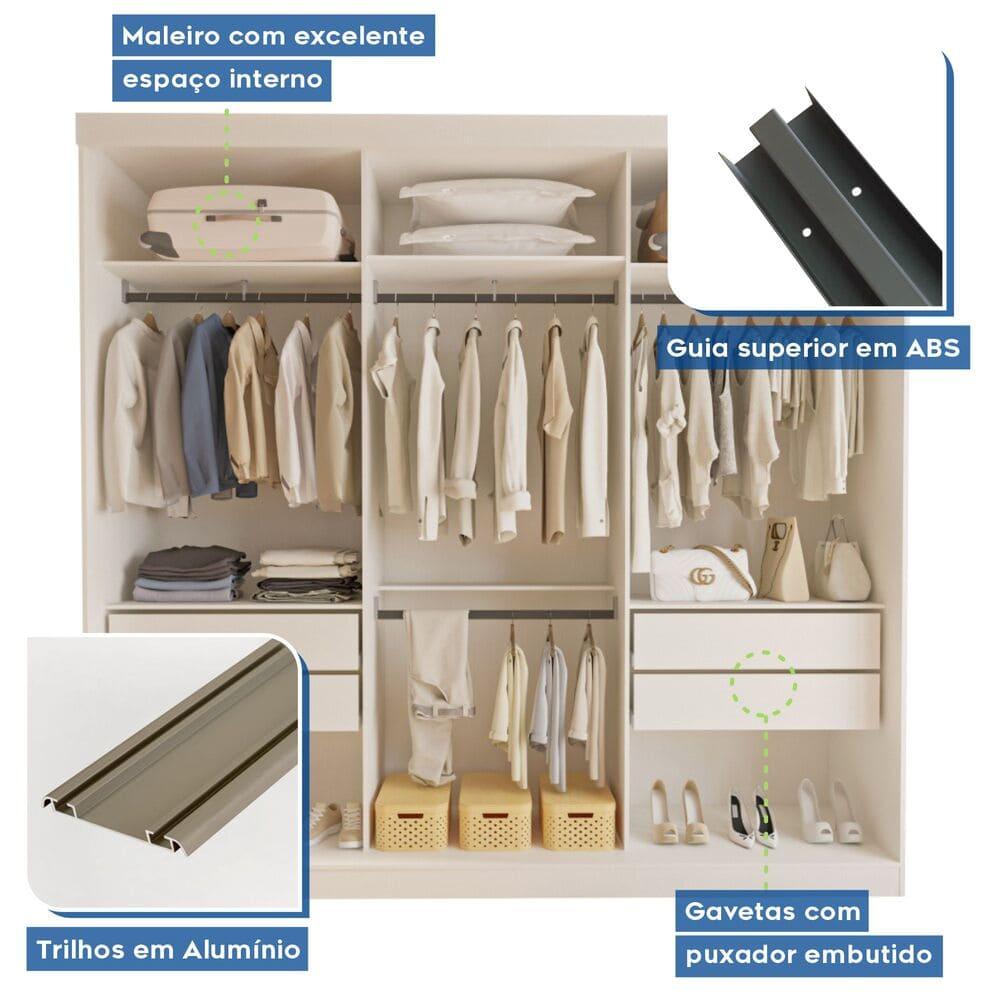 Guarda Roupa 3 Portas de Correr com Espelho Central 4 Gavetas Evidence Minastex Branco