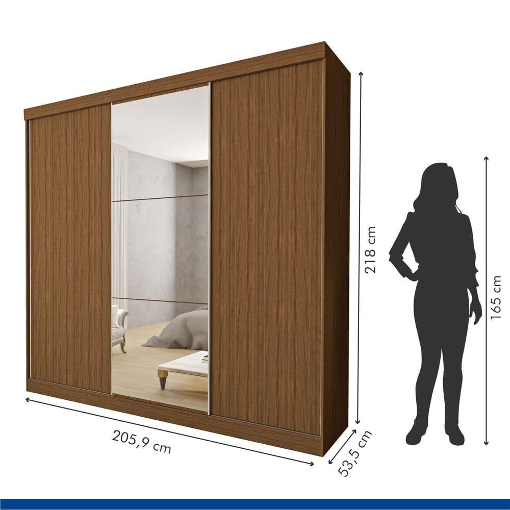 Guarda Roupa 3 Portas de Correr com Espelho Central 4 Gavetas Evidence Minastex Freijó