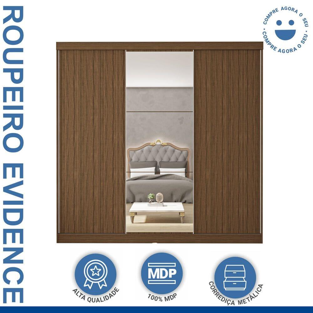 Guarda Roupa 3 Portas de Correr com Espelho Central 4 Gavetas Evidence Minastex Freijó